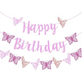 Butterfly Kisses Birthday Wishes Party Decor Purple Glitter Butterfly Kisses Birthday Wishes Banner for Butterfly Themed Baby Shower 1st 2nd 3rd 4th Birthday Party Supplies Decorations