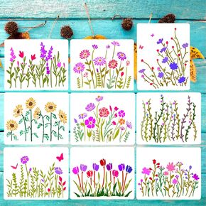 9 Pcs Flower Stencil Wildflower Stencil Sunflower Daisy Tulip Wild Flower Stencil for Painting on Wood Canvas Wall Fabric Scrapbooking Card Home Decor