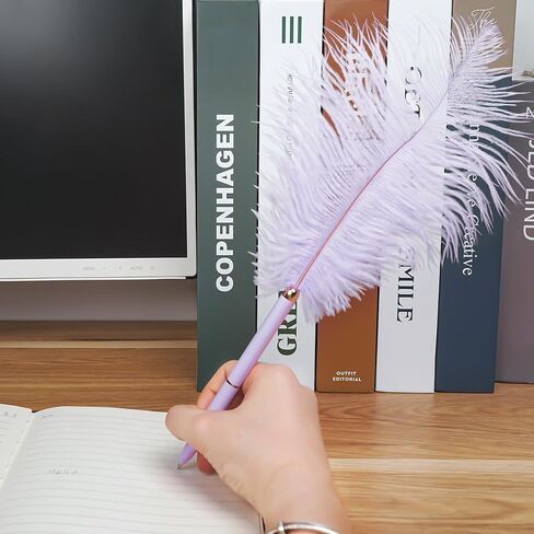 Long Feather Pen, Plastic Ballpoint Pen, with Black Ink, Gift Pens for Christmas Wedding Birthday (Purple) in Kuwait