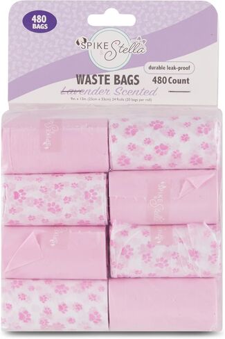 Lavender Scented Dog Waste Bags – Leak-Proof & Easy-Tie Poop Bags, 240/360/480 Count – Pink & White with Paw Print Design in Saudi Arabia