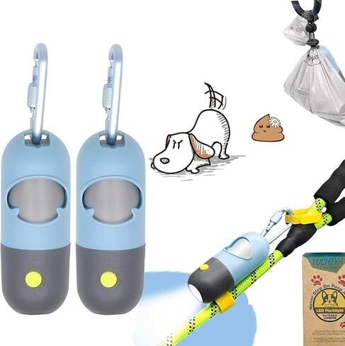Dog Poop Waste Bags Holder with LED Flashlight|Cute Doggie Poo Bags Dispenser for Pet Leash|Trash Waste Bags Carrier with Potty Bags Clip Fastener LR44 Button Cells Included(2 Pack) (Sky Blue) in Saudi Arabia