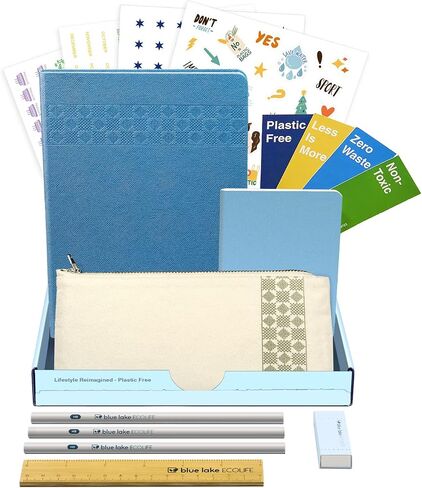Blue Lake EcoLife undist underner kit kit kit kit اطلاع أسبوعيًا وشهريًا ، مجلة دفتر دفتر دفتر دفتر 6x8 ، دفتر بالصفحة الفارغة ، ملصقات ، حقيبة قلم رصاص ، مرجعية زرقاء in Kuwait