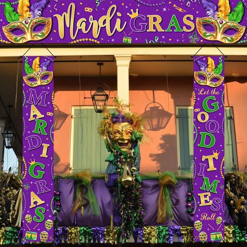 3 PCS Mardi Gras Decorations Banner Purple Mardi Gras New Orleans Fence Banner Porch Banner Kit Let The Good Times Roll Door Banner Decorations Masquerade Carnival Mardi Gras Party Supplies in Kuwait