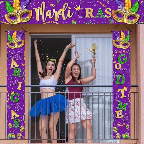 3 PCS Mardi Gras Decorations Banner Purple Mardi Gras New Orleans Fence Banner Porch Banner Kit Let The Good Times Roll Door Banner Decorations Masquerade Carnival Mardi Gras Party Supplies in Kuwait