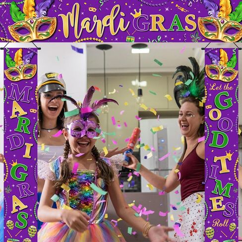 3 PCS Mardi Gras Decorations Banner Purple Mardi Gras New Orleans Fence Banner Porch Banner Kit Let The Good Times Roll Door Banner Decorations Masquerade Carnival Mardi Gras Party Supplies in Kuwait