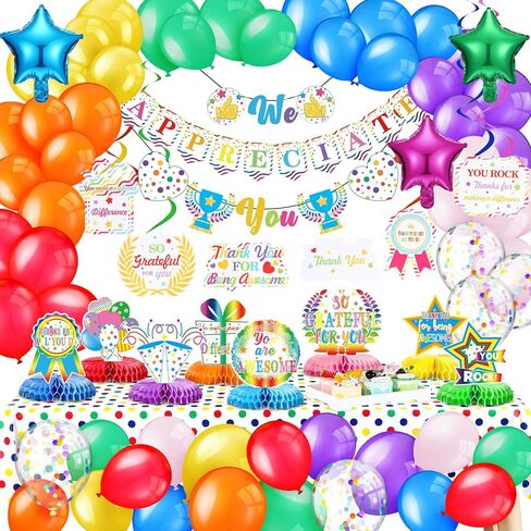 We Appreciate You Party Decorations Employee Appreciation Table Decor Pre Strung Banner Honeycomb Tablecloth Spiral Hanging Balloons for Thank Staff Teacher(Colorful) in Saudi Arabia