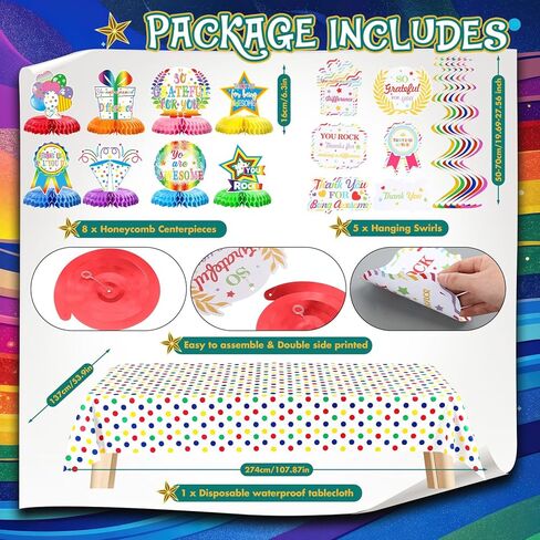 We Appreciate You Party Decorations Employee Appreciation Table Decor Pre Strung Banner Honeycomb Tablecloth Spiral Hanging Balloons for Thank Staff Teacher(Colorful) in Saudi Arabia