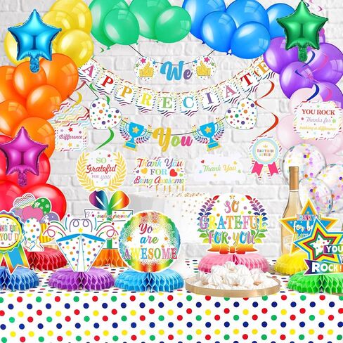 We Appreciate You Party Decorations Employee Appreciation Table Decor Pre Strung Banner Honeycomb Tablecloth Spiral Hanging Balloons for Thank Staff Teacher(Colorful) in Saudi Arabia