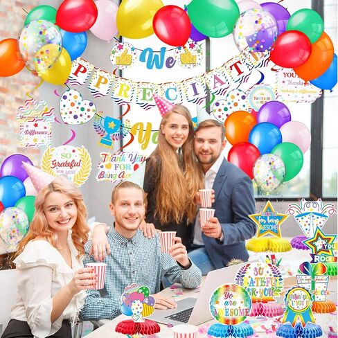 We Appreciate You Party Decorations Employee Appreciation Table Decor Pre Strung Banner Honeycomb Tablecloth Spiral Hanging Balloons for Thank Staff Teacher(Colorful) in Saudi Arabia