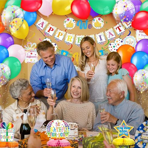 We Appreciate You Party Decorations Employee Appreciation Table Decor Pre Strung Banner Honeycomb Tablecloth Spiral Hanging Balloons for Thank Staff Teacher(Colorful) in Saudi Arabia