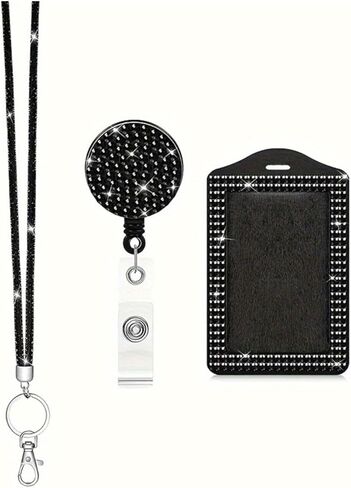 Fashion 3 in 1 Set 34.8'' Sparkle All Round Strap Crystal Neck Lanyard,Exclusive Bling Work Name Card Holder,Retractable Rhinestone Cellphone Necklace ID Badge Reel Clip for Women (Black) in Saudi Arabia