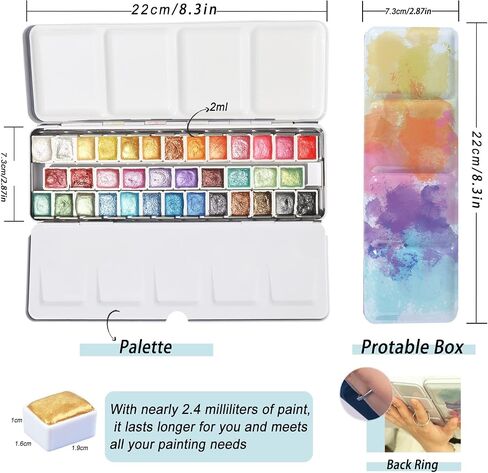 Handmade Metallic Watercolor Paints Set for Adult Artists, 36 Glitter Solid Water Color Paint 2ml Half Pans Metal Case Sparkle Pearlescent Watercolour Painting Set Art Supplies in Saudi Arabia