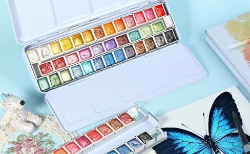 Handmade Metallic Watercolor Paints Set for Adult Artists, 36 Glitter Solid Water Color Paint 2ml Half Pans Metal Case Sparkle Pearlescent Watercolour Painting Set Art Supplies in Saudi Arabia