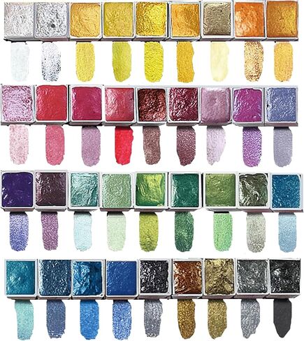 Handmade Metallic Watercolor Paints Set for Adult Artists, 36 Glitter Solid Water Color Paint 2ml Half Pans Metal Case Sparkle Pearlescent Watercolour Painting Set Art Supplies in Saudi Arabia