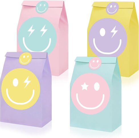 JarThenaAMCS 24Pcs Preppy Party Favor Bags Pastel Smile Face Paper Gift Bags with Tag Sticker Decals Candy Treat Bags for Bachelorette Wedding Birthday Party Supplies in Saudi Arabia