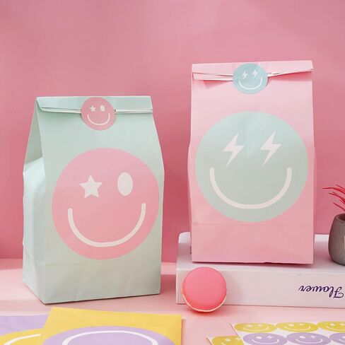 JarThenaAMCS 24Pcs Preppy Party Favor Bags Pastel Smile Face Paper Gift Bags with Tag Sticker Decals Candy Treat Bags for Bachelorette Wedding Birthday Party Supplies in Saudi Arabia