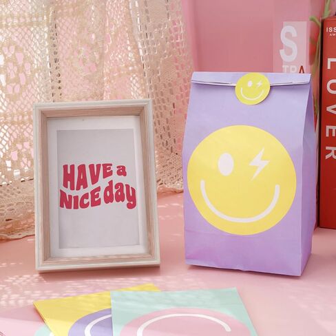 JarThenaAMCS 24Pcs Preppy Party Favor Bags Pastel Smile Face Paper Gift Bags with Tag Sticker Decals Candy Treat Bags for Bachelorette Wedding Birthday Party Supplies in Saudi Arabia