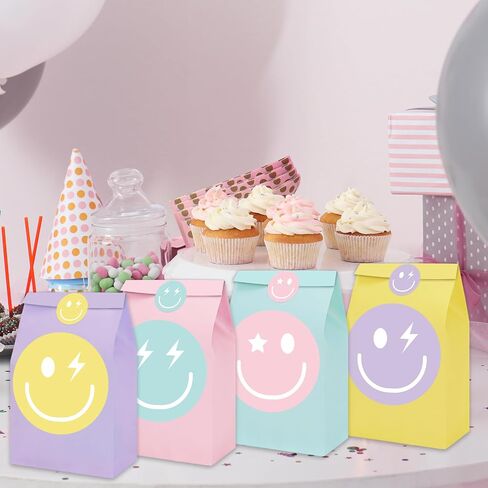 JarThenaAMCS 24Pcs Preppy Party Favor Bags Pastel Smile Face Paper Gift Bags with Tag Sticker Decals Candy Treat Bags for Bachelorette Wedding Birthday Party Supplies in Saudi Arabia