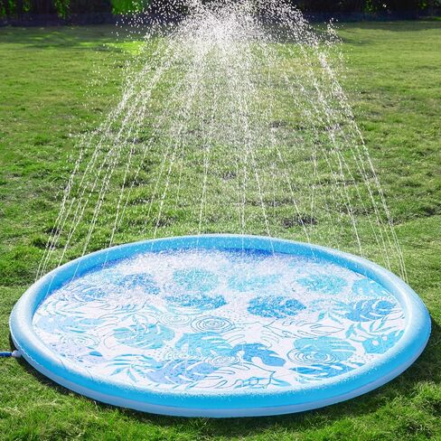 SLOOSH Splash Pad Sprinkler Mat - 6ft Tropical Leaves Outdoor Water Play Toys for Kids Dogs, Backyard Summer Party Decor Outside Water Games Fountain Pool Children Boys Girls Toddlers Baby (Blue) in Kuwait