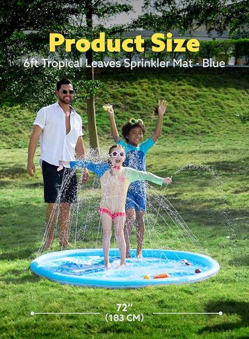 SLOOSH Splash Pad Sprinkler Mat - 6ft Tropical Leaves Outdoor Water Play Toys for Kids Dogs, Backyard Summer Party Decor Outside Water Games Fountain Pool Children Boys Girls Toddlers Baby (Blue) in Kuwait