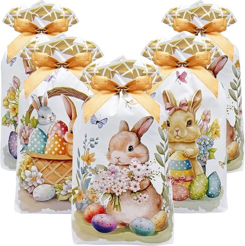 Jexila 50PCS Easter Drawstring Candy Bag Easter Treats Bags 6''X9'' Plastic Easter Goodie Bags for Kids Classroom Party Favor Pouch in Saudi Arabia