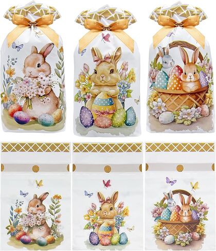 Jexila 50PCS Easter Drawstring Candy Bag Easter Treats Bags 6''X9'' Plastic Easter Goodie Bags for Kids Classroom Party Favor Pouch in Saudi Arabia