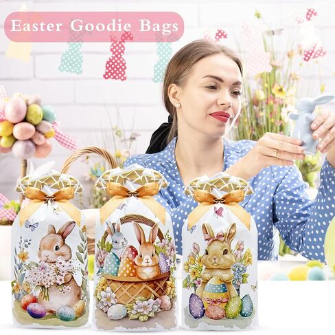 Jexila 50PCS Easter Drawstring Candy Bag Easter Treats Bags 6''X9'' Plastic Easter Goodie Bags for Kids Classroom Party Favor Pouch in Saudi Arabia