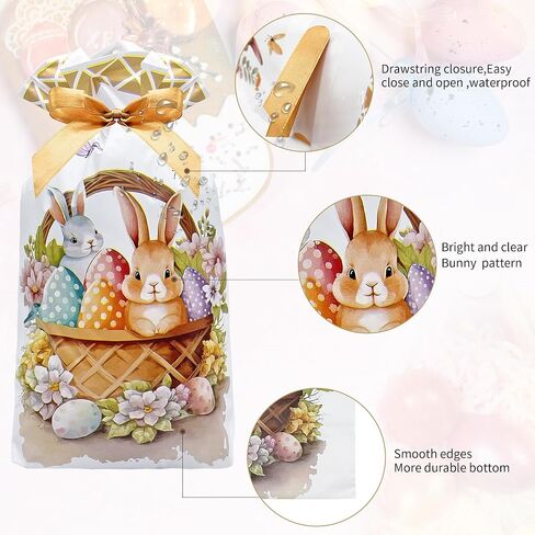 Jexila 50PCS Easter Drawstring Candy Bag Easter Treats Bags 6''X9'' Plastic Easter Goodie Bags for Kids Classroom Party Favor Pouch in Saudi Arabia