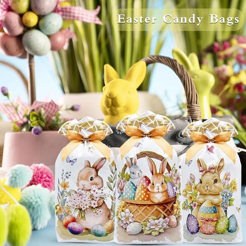 Jexila 50PCS Easter Drawstring Candy Bag Easter Treats Bags 6''X9'' Plastic Easter Goodie Bags for Kids Classroom Party Favor Pouch in Saudi Arabia