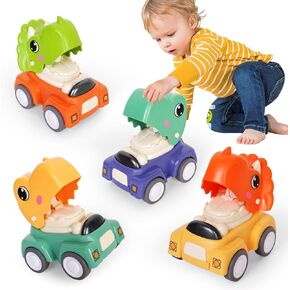4 Pack Dinosaur Car Toys for Toddlers - Press and Go Cars No Batteries Required, Baby Animal Push Go Friction Cars for 18M+, Infant Play Vehicle Set for 1 2 3 Year Old Boy Girl Birthday Gift