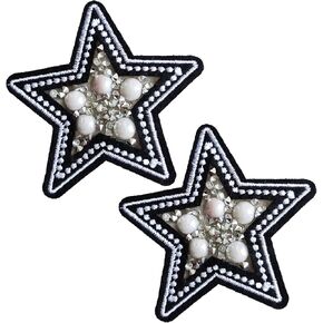 Rhinestone Star Patches, 2Pcs Twinkling Pearl Stars Iron On Patch, Crystal Emblem DIY Decorative Accessories Applique Patch for Clothes Hats Shoes Backpacks