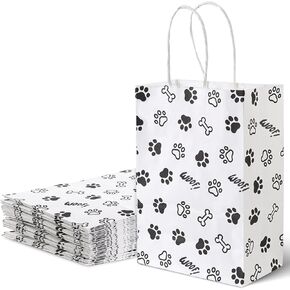 LovesTown 16PCS Gift Bags, Paper Retail Grocery Bags Dog Paw Print Goodie Bags with Paper Twist Handles for Party Gifts Birthday 5.5 x 2.8 x 7.9 inch