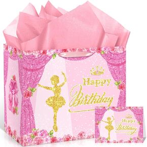 Ballerina Birthday Party Decorations Ballet Birthday Gift Bag Pink Birthday Gift Bag with Card Tissue Paper Ballerina Party Decorations Ballerina Gift Wrapping Paper Bag for Girls Birthday Party Favor