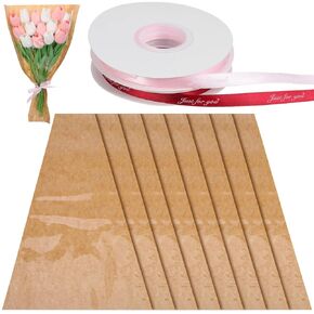 Flower Bouquet Wrapping Paper with Ribbon,40PCS Kraft Flower Sleeves for Bouquets, Brown Floral Packing Bags Bulk for Christmas Graduation Wedding Birthday Florist Wrap Supplies 11x17 Inch