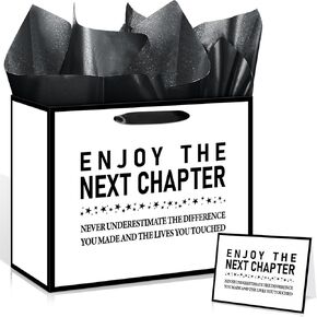 1PC Retirement Gift Paper Bag for Women & Men - Enjoy the Next Chapter - Farewell Party Supplies with Tissue Paper - White & Black