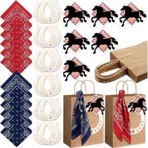 Jeere 12 Set Western Cowboy Gift Bags Western Party Favors with Paisley Cowboy Bandanas Stickers Cards Wild West Party Favors Kraft Gift Bag with Handles for Cowboy Birthday Party Decorations