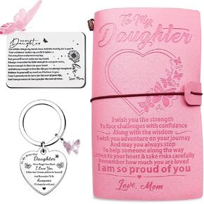 Gifts for Daughter from Mom Pink Leather Journal Notebook+Wallet Card+Keychain Gift Set Graduation Gifts Birthday Gift Christmas New Year Gifts for Daughter To My Daughter Gifts Warm Presents for Daughter