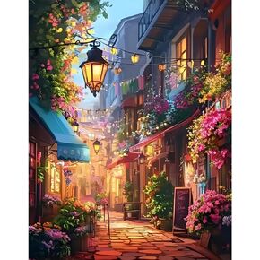 uuxsretaio Street Paint by Numbers for Adults,Flower Street DIY Acrylic Adults' Paint-by-Number Kits, Easy Paint by Numbers Art and Crafts for Present Home Wall Decor 16x20 Inch