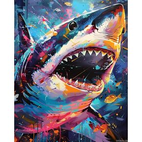 Svinoiler Shark Paint بواسطة أرقام أرقام للبالغين ، والطلاء بالأرقام تحت الماء ، وطلاء البالغين من الأسماك بواسطة مجموعات الأرقام ، وديكور الجدار المنزلي 16x20in دون إطاره