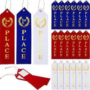 Outus 18 Pieces Award Ribbons 1st, 2nd, 3rd Place Flat Carded Set First Place Prizes with Event Card and Rope for Competition, Sports Event, School, Contests, Blue Red White