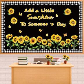 Sunflower Bulletin Board Decorations Spring Summer Sunflower Butterflies Motivational Sayings Cutouts with Black Plaid Borders Back to School Supplies for Classroom Window Wall Door School Decor