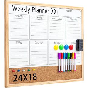 19 Pcs Weekly Planner Whiteboard 2in1 Whiteboard Cork Board Combo Dry Erase Calendar Wall Magnetic Dry Erase for Wall Includes Markers Eraser Thumbtack and Magnets (24 x 18)