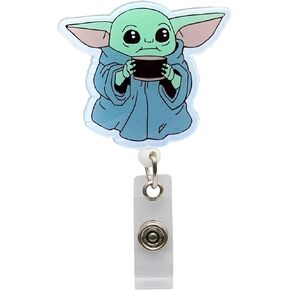 Cute Green Cartoon Baby Yoda with Coffee Nurse Badge Reel - RN Retractable ID Holder with Alligator Clip for Hospitals Doctors and Office Staff