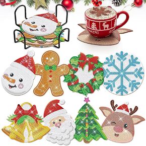 Mtruil 8 Pcs Christmas Diamond Painting Coaster Kits Red Green Diamond Art Coasters Xmas Tree Snowman Snowflake 5D Diamond Painting Kits for Adults, Beginners, Christmas Diamond Art Craft Supplies