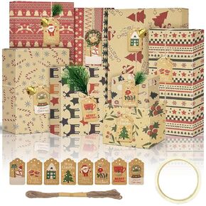 AILAMIDO Christmas Wrapping Gift Paper, 8 Sheet Wrapping Paper with 32,8ft Jute String 1 Roll Adhesive Tape and 8 Tags in 8 Unique Designs, Kraft Paper Christmas Gift Paper for Christmas, 50x70cm