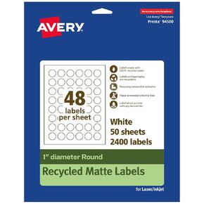 Avery EcoFriendly Matte White Recycled Round Labels, 1" Diameter, Print-to-The-Edge, Matte White Labels, Permanent Label Adhesive, Laser/Inkjet, 480 Printable Labels