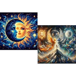 Sun and Moon Diamond Art Kits for Adults - 2 Pack Diamond Painting Kits for Adults,DIY 5D Diamond Painting with Round Gem Art Kits for Adults for Gift Home Wall Decor 14x14 Inch