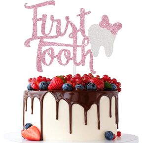 Pink Glitter 1st Tooth Cake Topper, Girls First Teething Party Decoration Supplies