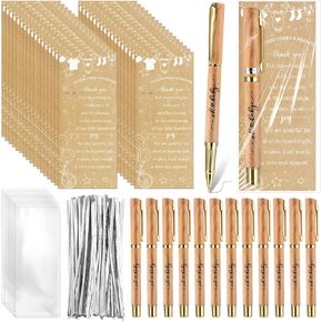 50 Set Baby Shower Pens for Guests Bulk Baby Shower Favors Include Bamboo Ink Pens with Thank You Cards Bags, Neutral Rustic Gender Reveal Favors Thank You Gifts for Games Prizes Souvenirs Supplies