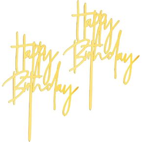 Happy Birthday Cake Toppers, 2 Pieces Acrylic Birthday Cake Toppers Happy Birthday Sign Cupcake Topper Happy Birthday Decorations for Men Women Birthday Cake Party Decorations Supplies, Gold